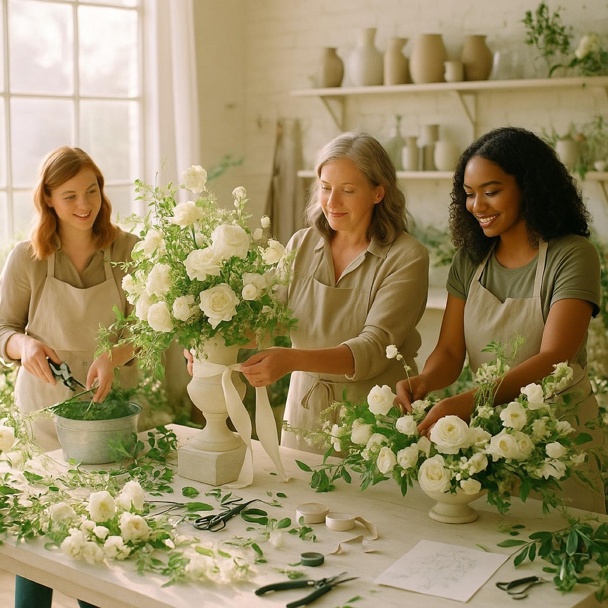 Florist team collaborating in studio